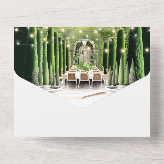 Wijngaard al fresco strijklichten fine dining chic all in one uitnodiging (Achterkant)