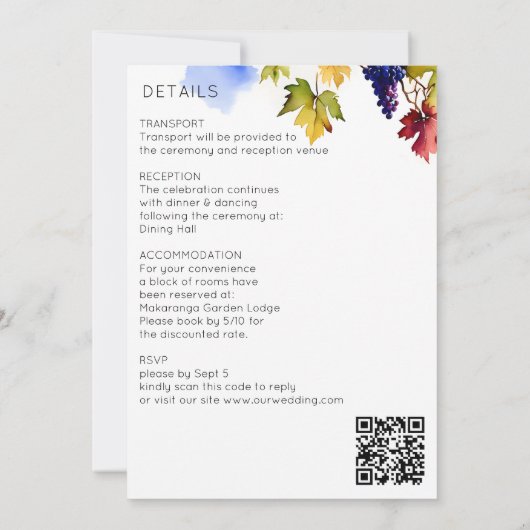 Wijngaard bruiloft alles in één sjabloon kaart (Achterkant)