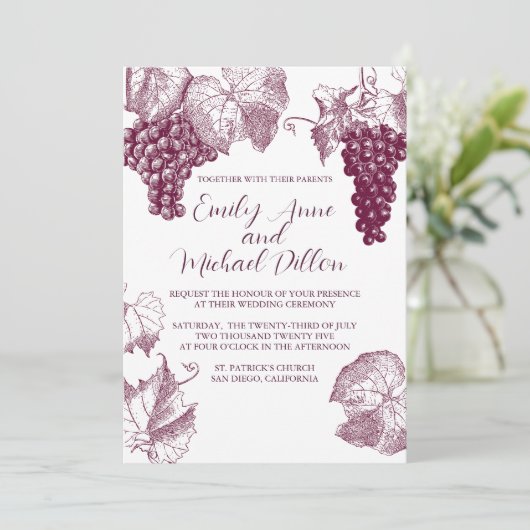 Wijngaard bruiloft uitnodiging in bordeaux rood (Staand voorkant)