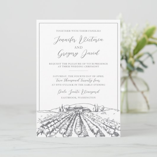 Wijngaard bruiloft uitnodiging met gebouw tekening (Staand voorkant)