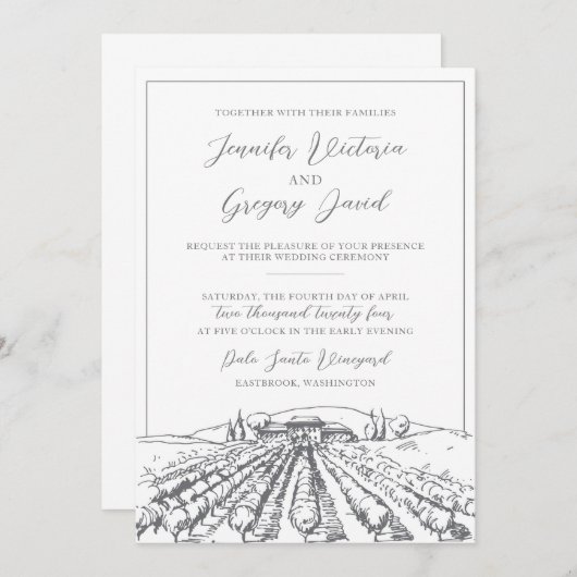 Wijngaard bruiloft uitnodiging met gebouw tekening (Voorkant / Achterkant)