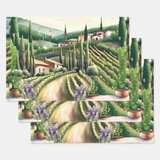 Wijngaard decoupage - Toscaans boerderij landschap Inpakpapier Vel (Set)