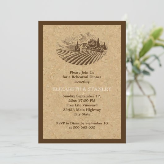 wijngaard en kurk bruiloft repetitie diner kaart (Staand voorkant)