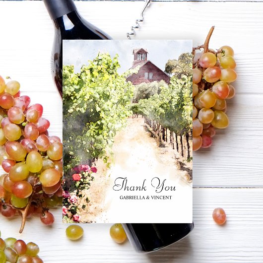 Wijngaard en Rode Schuur Waterverf Bruiloft Bedankkaart