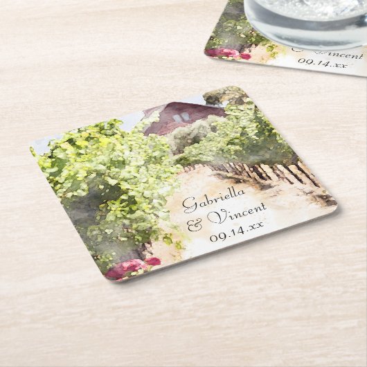 Wijngaard en Rode Schuur Waterverf Bruiloft Kartonnen Onderzetters (Schuin)