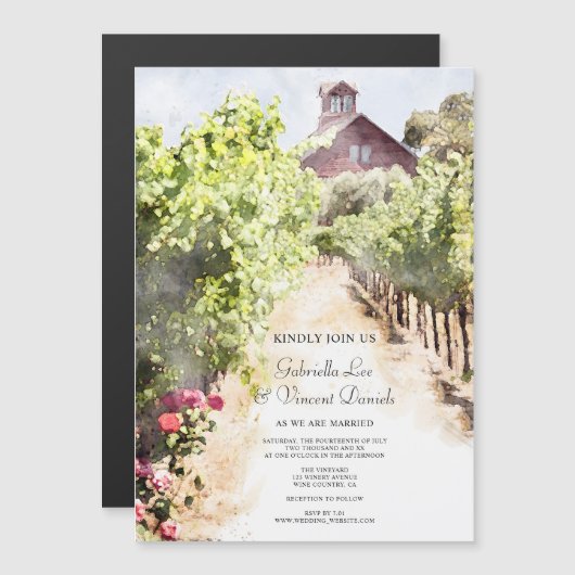 Wijngaard en Rode Schuur Waterverf Bruiloft Magnetische Uitnodiging (Voorkant / Achterkant)