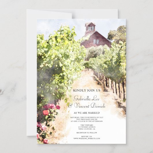Wijngaard en Rode Schuur Waterverf Bruiloft Magnetische Uitnodiging (Voorkant)