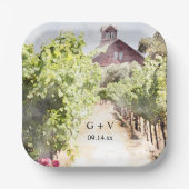 Wijngaard en Rode Schuur Waterverf Bruiloft Papieren Bordje (Voorkant)