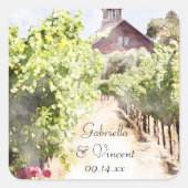 Wijngaard en Rode Schuur Waterverf Bruiloft Vierkante Sticker (Voorkant)