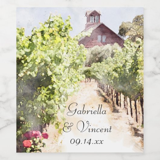 Wijngaard en Rode Schuur Waterverf Bruiloft Wijn Etiket (Enkel label)