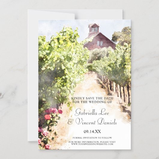 Wijngaard Rode Schuur Waterverf Bruiloft Save the  Magnetische Uitnodiging (Voorkant)