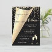 Wijnglas, Confetti, zwart, gouden kerstfeest Kaart (Staand voorkant)