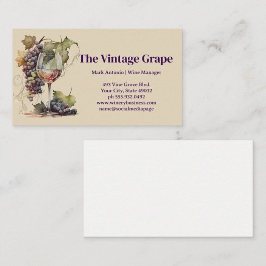  wijnglas en druiven op wijnstok visitekaartje (Voorkant / Achterkant)