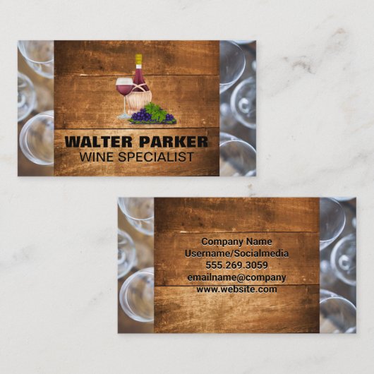 Wijnglas en fles | Houten achtergrond Visitekaartje (Voorkant / Achterkant)