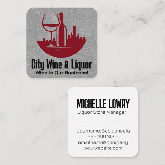 Wijnglas en Fles | Stadssilhouet Vierkante Visitekaartje (Voorkant / Achterkant)