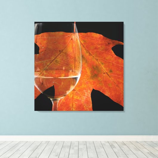 Wijnglas en Herfstblad Canvas Afdruk (Insitu (Houten vloer))