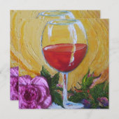 Wijnglas en roze Rose Cocktail Party Invitation Kaart (Voorkant / Achterkant)