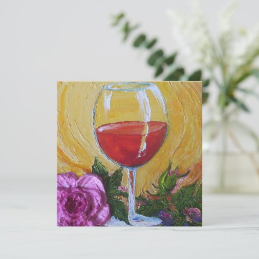 Wijnglas en roze Rose Cocktail Party Invitation Kaart (Staand voorkant)