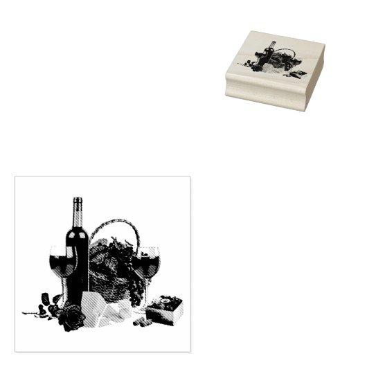 Wijnglas, fles, druiven, kaas, rode roos rubberstempel (Gestempeld)