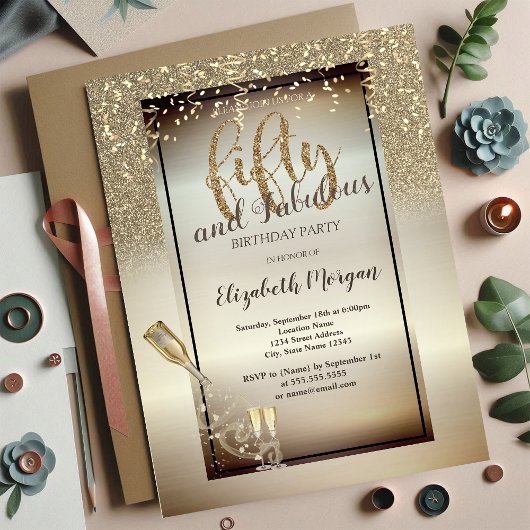 Wijnglas, flesje, glitter, Confetti 50e verjaardag Kaart