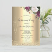 Wijnglas Glitter Bokeh Floral Retirement Kaart (Staand voorkant)