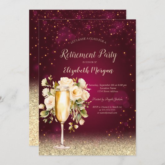 Wijnglas Goud Bokeh Wit Rozen Rood Pensioen Kaart (Voorkant / Achterkant)