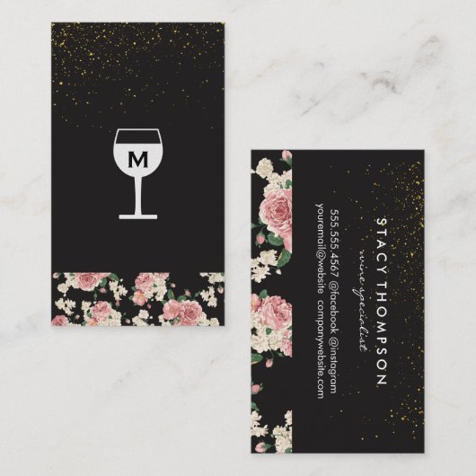 Wijnglas Goud gespikkeld Vintage bloempatroon Visitekaartje (Voorkant / Achterkant)