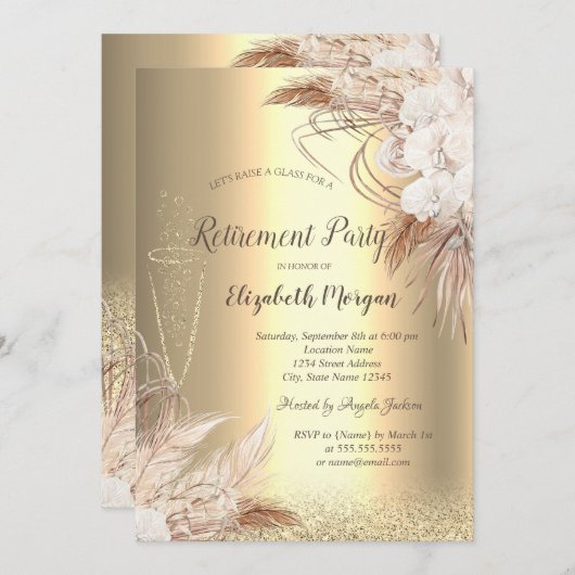 Wijnglas Gouden Bokeh, Boho Bloemen Pensioen Kaart (Voorkant / Achterkant)