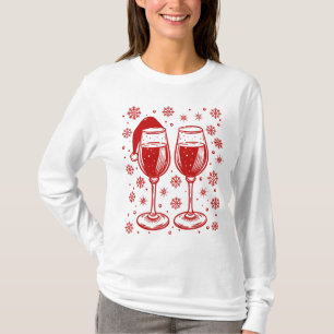 Wijnglas Kerstman Hoed Sneeuwvlokken Grappig T-shirt