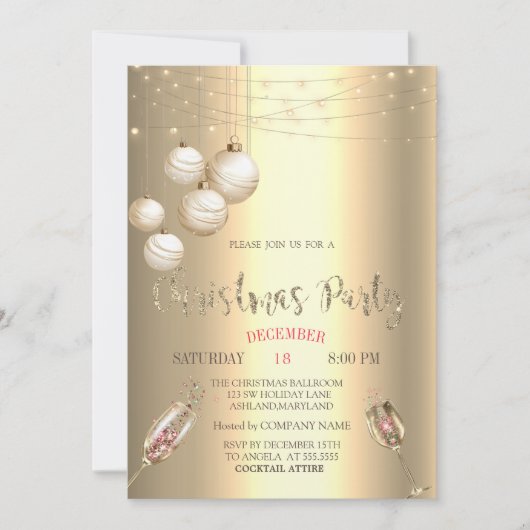 Wijnglas, Lichten, Ballen Goud Kerstbedrijf Kaart (Voorkant)