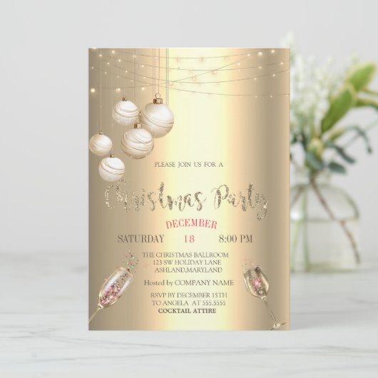 Wijnglas, Lichten, Ballen Goud Kerstbedrijf Kaart (Staand voorkant)