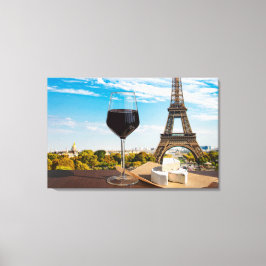 Wijnglas met brieskaas op Eiffeltoren Canvas Afdruk