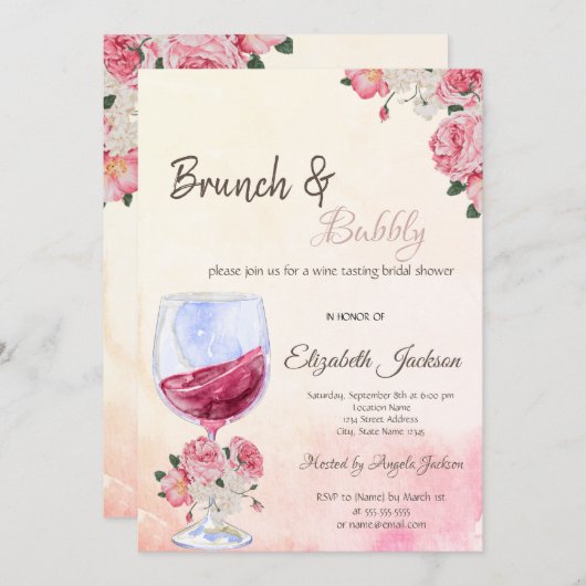 Wijnglas Rozen Waterverf Vrijgezellenfeest Kaart (Voorkant / Achterkant)