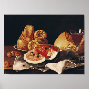 Wijnglas, watermeloen en brood poster