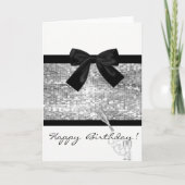 Wijnglas, zilversequins, Bow, Birthday Kaart (Voorkant)