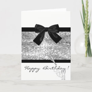 Wijnglas, zilversequins, Bow, Birthday Kaart