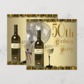 Wijnglazen fles goud 50ste verjaardagsfeest kaart (Voorkant / Achterkant)
