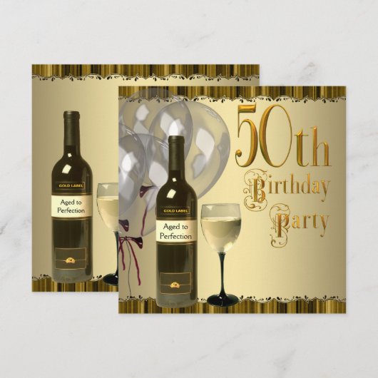 Wijnglazen fles goud 50ste verjaardagsfeest kaart (Voorkant / Achterkant)