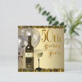 Wijnglazen fles goud 50ste verjaardagsfeest kaart (Staand voorkant)