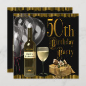Wijnglazen fles goud 50ste verjaardagsfeest kaart (Voorkant / Achterkant)