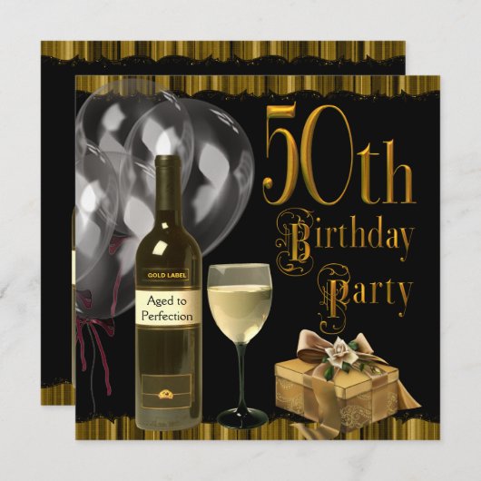 Wijnglazen fles goud 50ste verjaardagsfeest kaart (Voorkant / Achterkant)