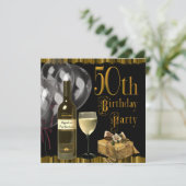 Wijnglazen fles goud 50ste verjaardagsfeest kaart (Staand voorkant)