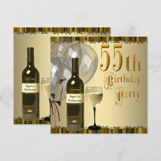 Wijnglazen fles goud 55ste verjaardagsfeest kaart (Voorkant / Achterkant)