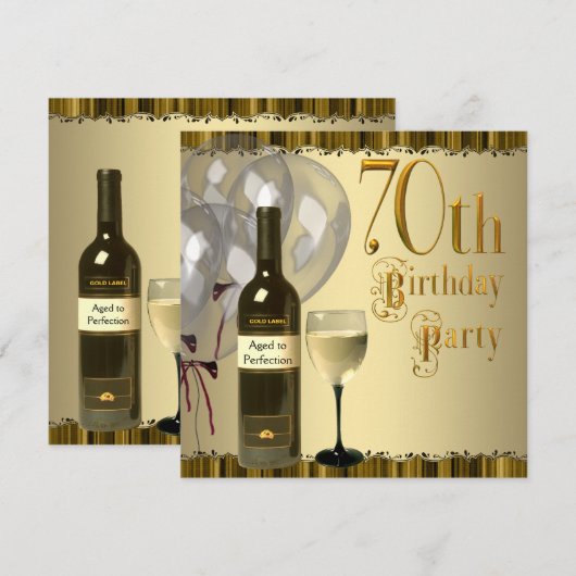 Wijnglazen fles goud 70ste verjaardagsfeest kaart (Voorkant / Achterkant)