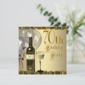 Wijnglazen fles goud 70ste verjaardagsfeest kaart (Staand voorkant)