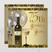 Wijnglazen fles goud 75e verjaardagsfeest kaart (Voorkant / Achterkant)