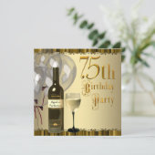 Wijnglazen fles goud 75e verjaardagsfeest kaart (Staand voorkant)