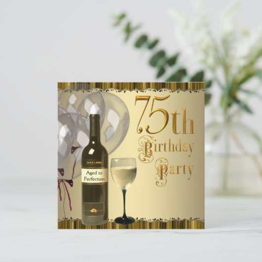 Wijnglazen fles goud 75e verjaardagsfeest kaart (Staand voorkant)