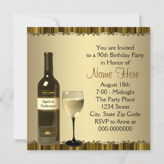 Wijnglazen fles Goud 90e Verjaardagsfeest Kaart (Achterkant)