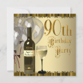 Wijnglazen fles Goud 90e Verjaardagsfeest Kaart (Voorkant)